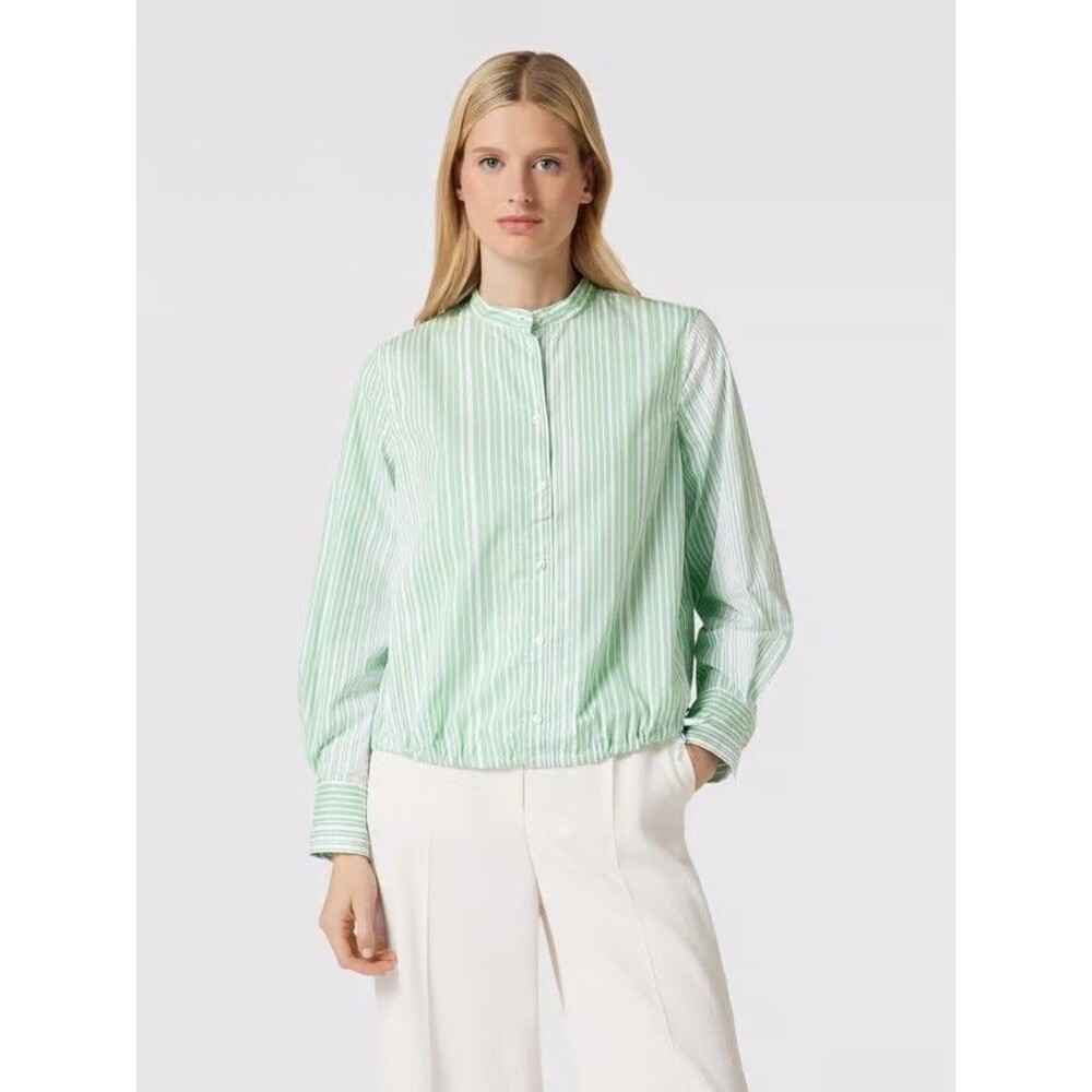 Tom Tailor Women L Stripe Green Blouse Button Up Long Sleeve Tie Drawstring Hem